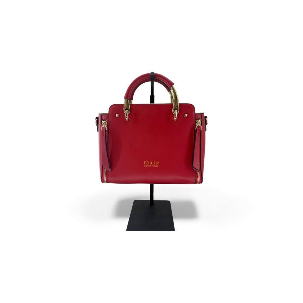 FOXER Red Leather Top Handle Satchel Bag Gold Hardware Eiffel‎ Tower Charm